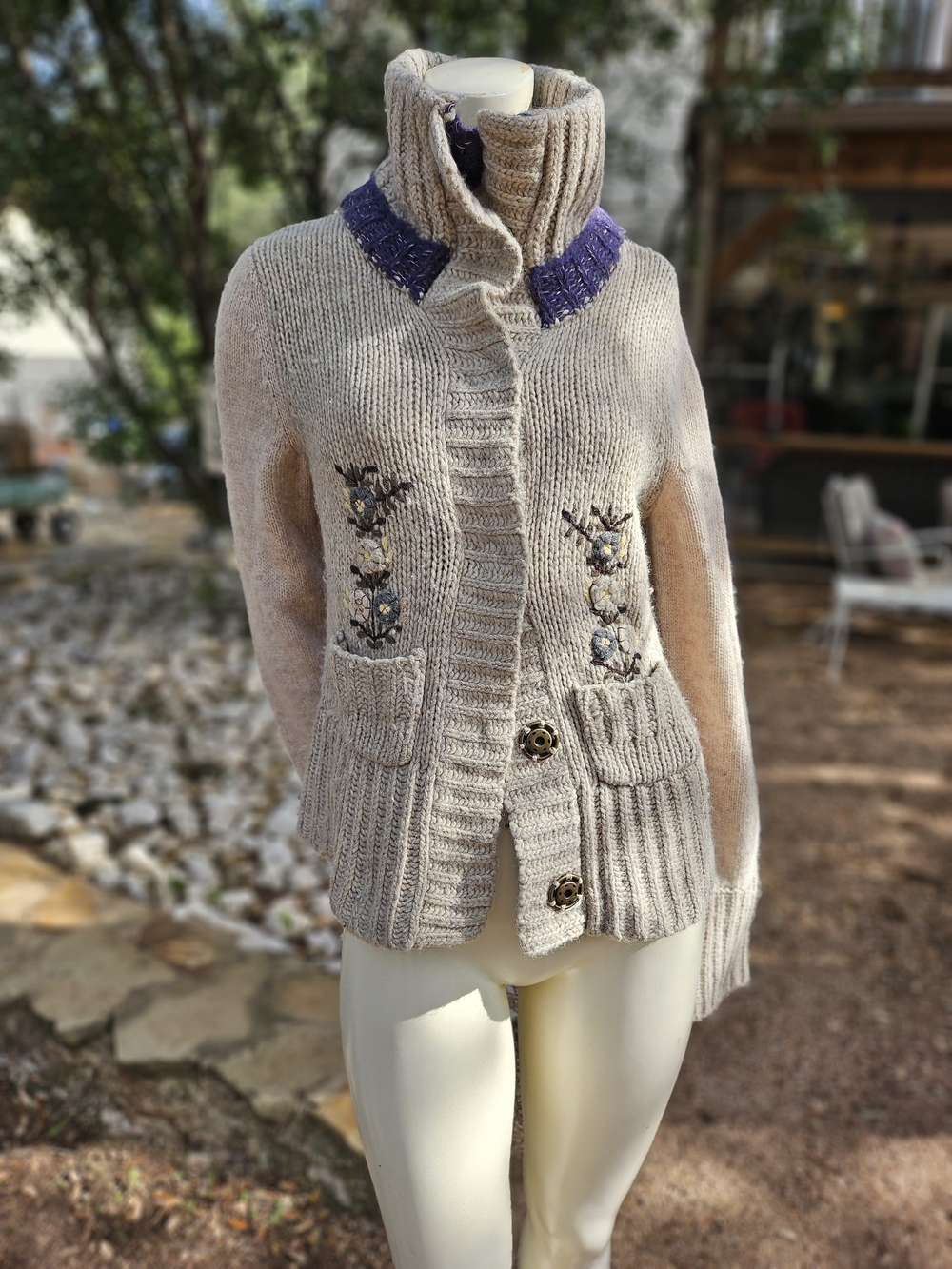 Free People Beige Embroidered Floral Knit Cardigan Sweater with Purple Collar M